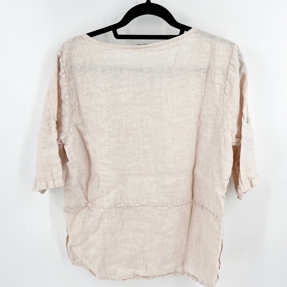 ✅ Lungo L'arno Womens LARGE Linen Top Pale CREAM Roll Tab Sleeve Blouse Italy - Picture 2 of 6